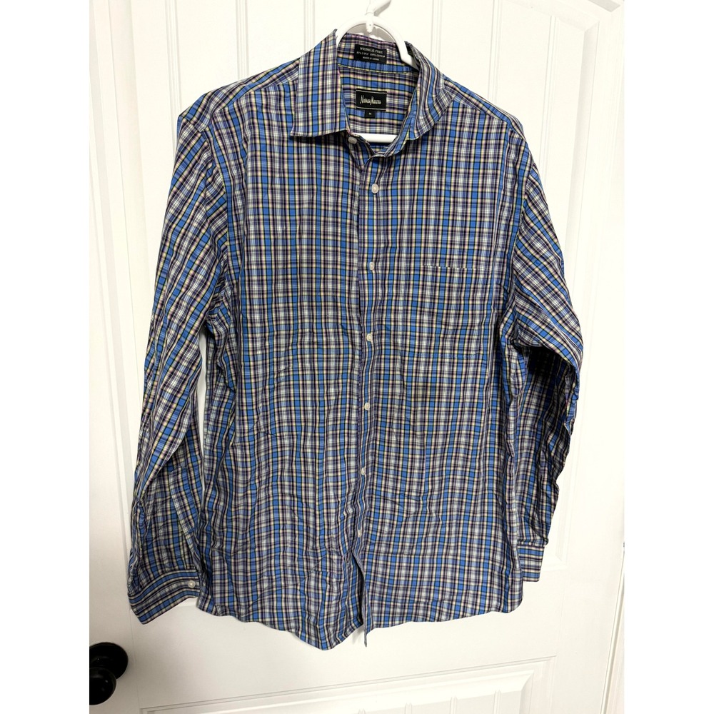 Neiman Marcus Button Down Shirt Mens M Blue Plaid Wrinkle Free Cotton Long Sleev